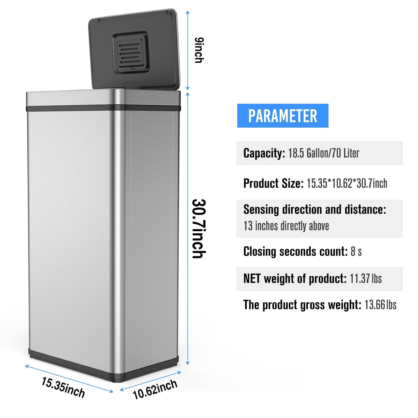 18.5 Gallon(70 L) Kitchen Trash Can with Odor Filter, Holaki Stainless Steel Oval Automatic Trash Can, Touchless Rectangular Motion Sensor, Removable Inner Bucket, Silver