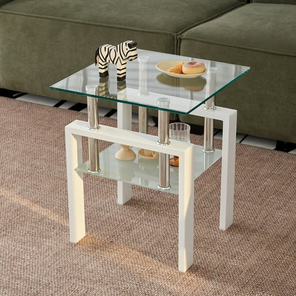 MAYEERTY White Tempered Clear Glass End Table, 2-Layers Small Table with Storage, Living Room Side Table