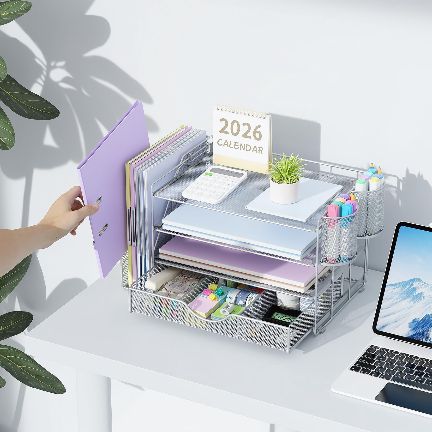 Desk Organizers And Accessories With File Holder  4-tier & Workspace Drawer 2 Pen Paper Organizer For Office Supplies (grey)