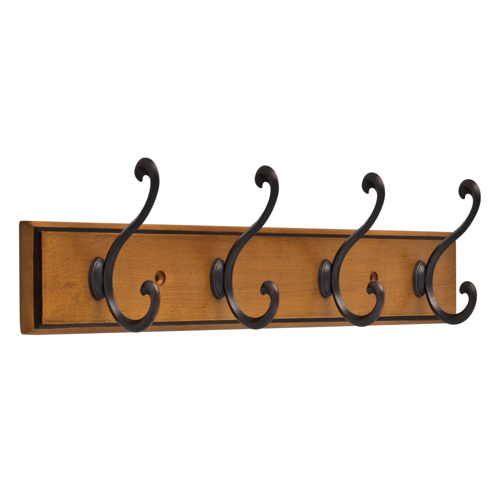 Franklin Brass 18 in. Rail with 4 Scroll Hooks, Honey Maple & Statuary Bronze