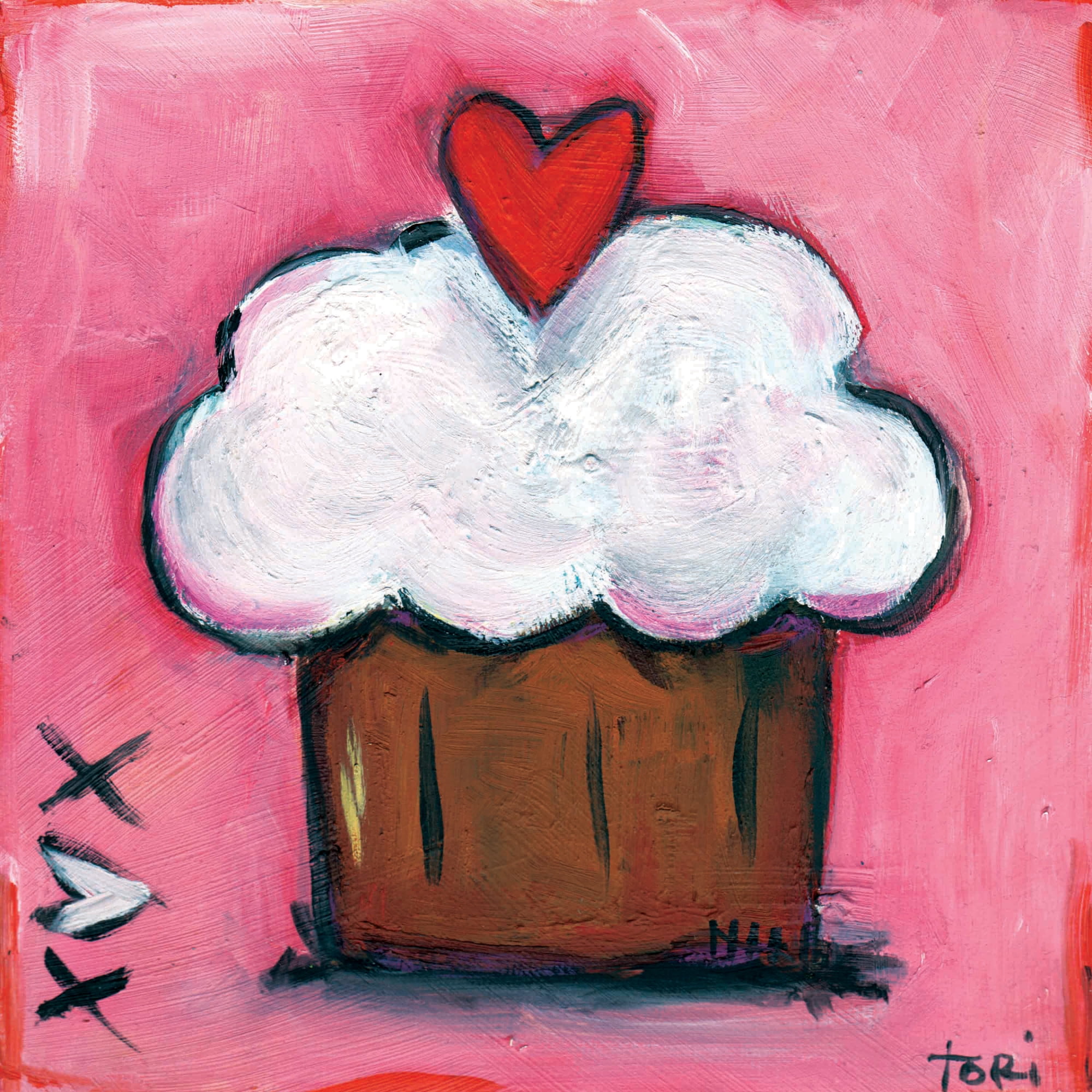 Marmont Hill "Pink Heart Cupcake" by Tori Campisi Painting Print on Canvas