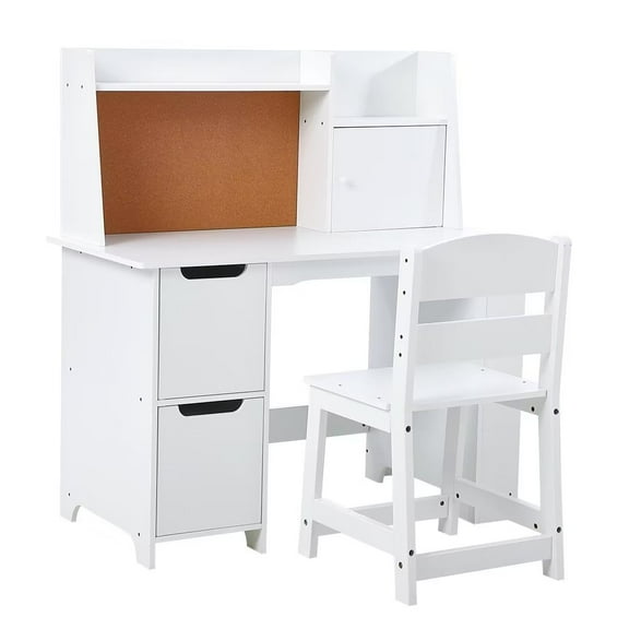 Kids Study Desk with Chair, Children School Study Table, Bulletin Board and Cabinets, White