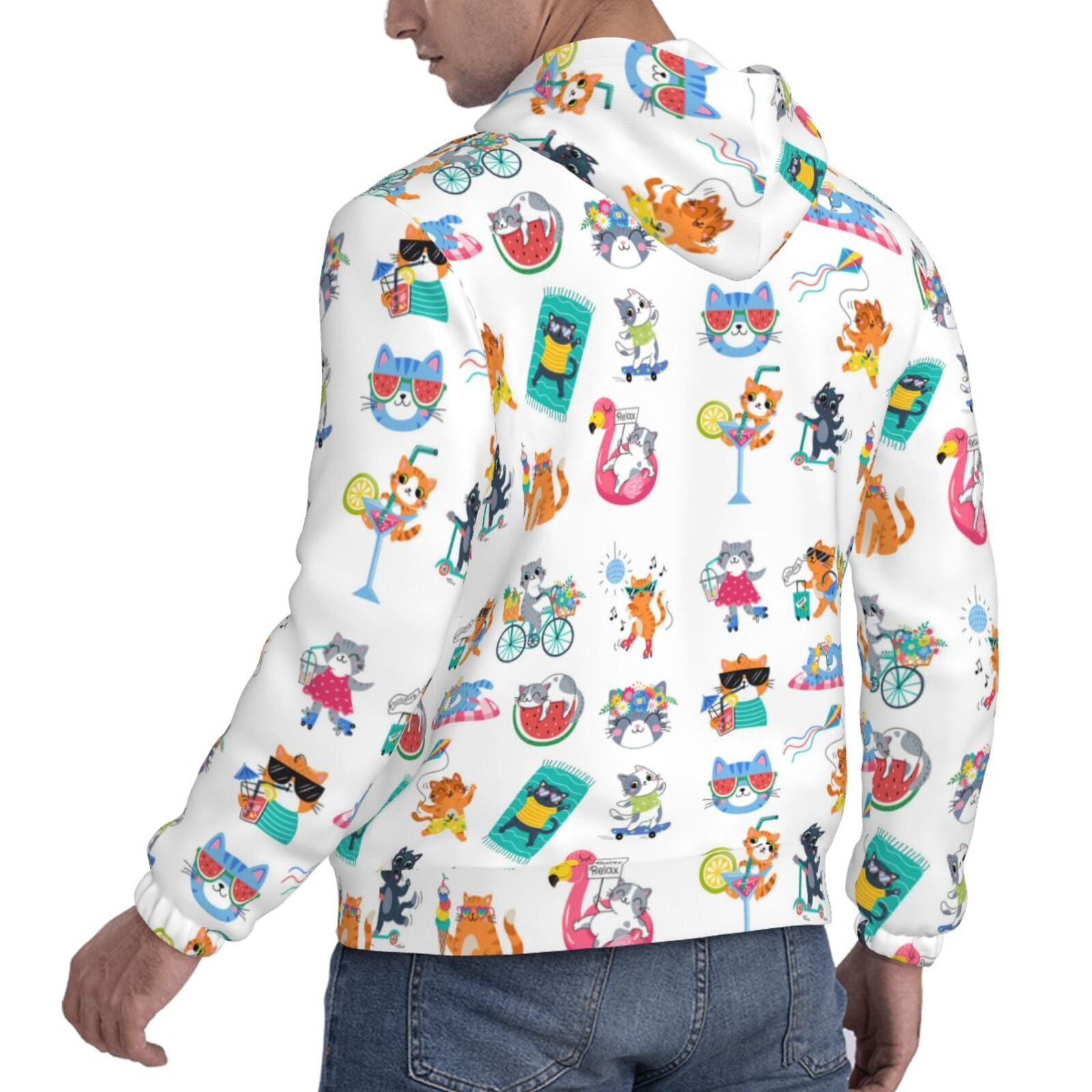 Picia Hello Summer Cat Pattern Casual Men's Hoodie - Lightweight Hooded Sweatshirt with Kangaroo Pocket, Comfortable Pullover for Everyday, Travel-3X-Large