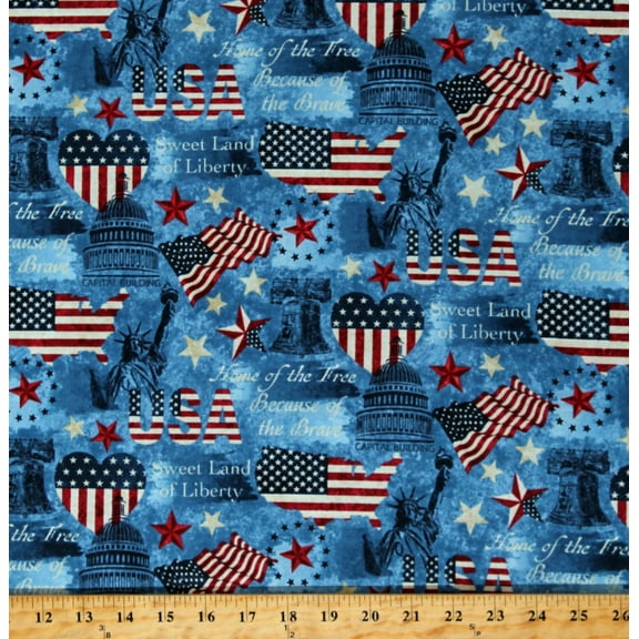 Cotton Patriotic Hearts Liberty Bell Statue of Liberty Flags USA Stars & Stripes 10th Anniversary American Icons on Blue Cotton Fabric Print by the Yard (24285-44BLUEMULTI)
