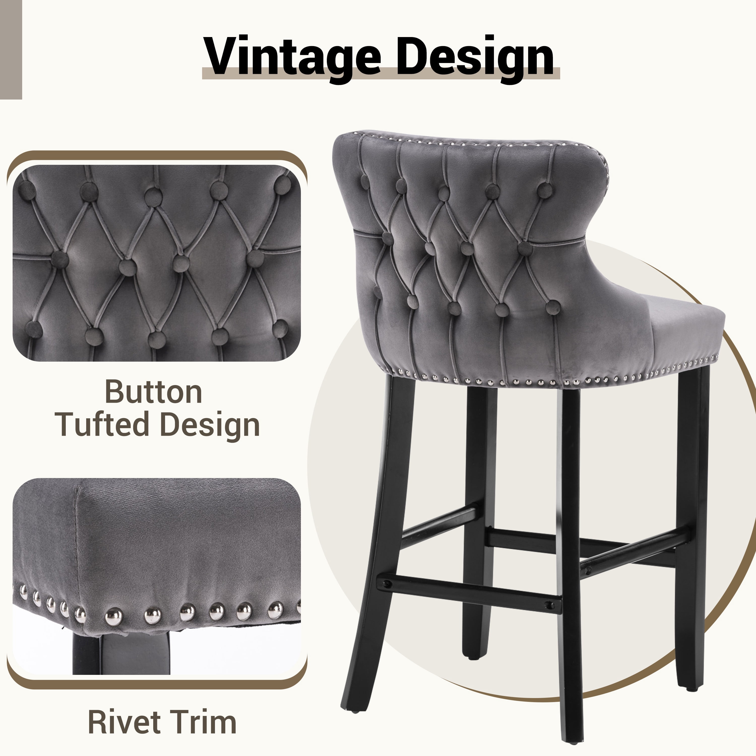 Bar Stool Set of 4, Legahome 26" Counter Height Bar Stools with Back, Velvet Upholstered Bar Stool with Button Tufted & Wooden Legs, Bar Stools Chair for 35-39" Kitchen Island Counter, Gray