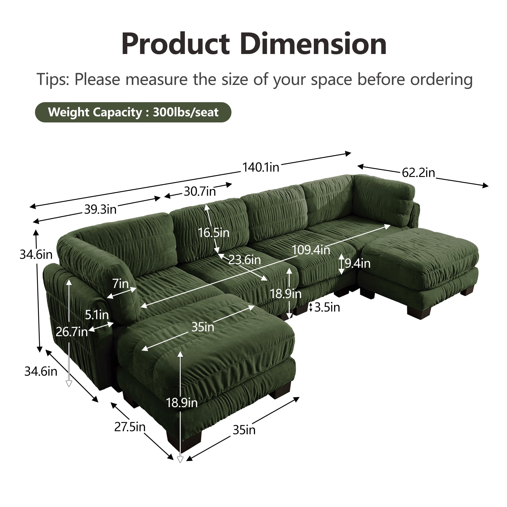 140" U Shape 4 Seat Ruched Chenille Modular Sectional Sofa with 2 Movable Ottomans,Easy Assembly