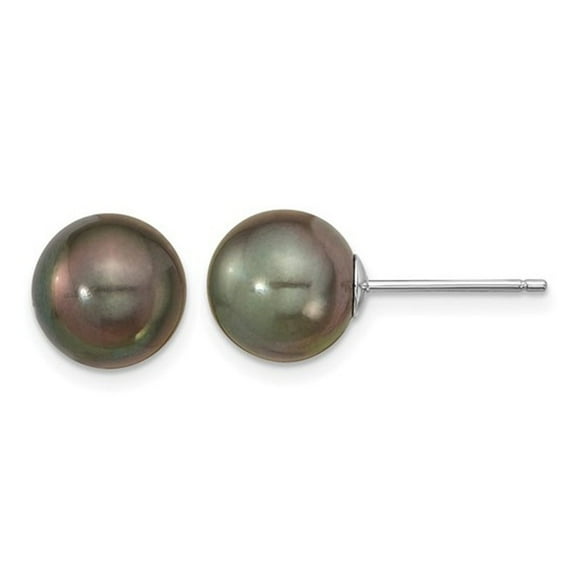 14K White Gold Saltwater Cultured Black Tahitian Pearl 9-10mm Solitaire Stud Earrings