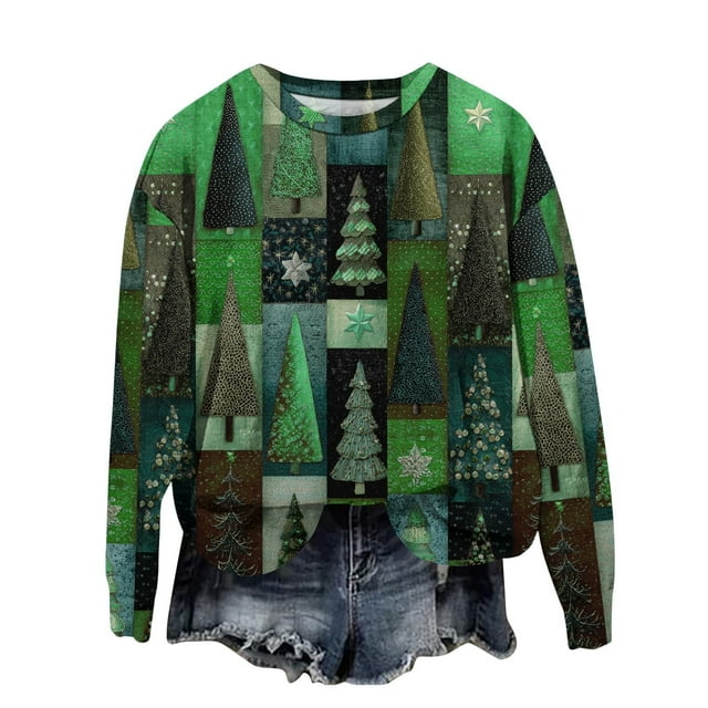 Chandails en Molleton de Noël pour Femmes Grande Taille Col Rond Imprimé Père Noël Manches Longues Vêtements d'Automne Amusants Mode Hiver