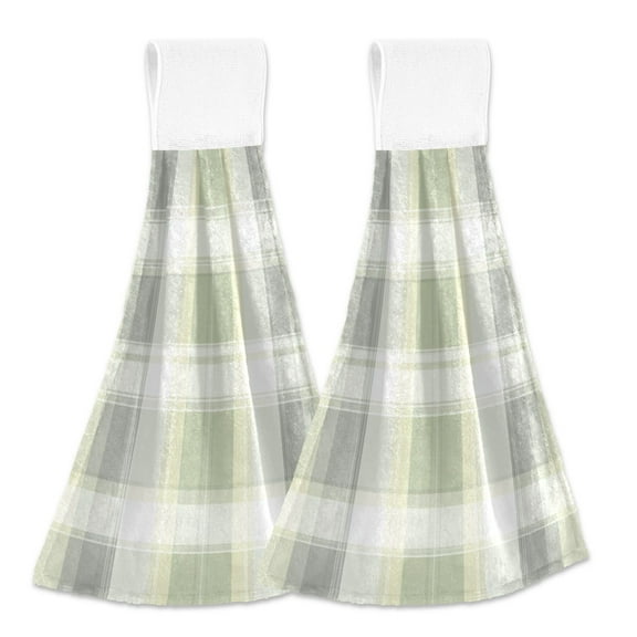 2pcs Kitchen Hanging Towels Bathroom Hanging Towels Velcro Soft Hand Towel Absorbent Tie Towels for Kitchen Toilet Tea Bar Washcloth Decor Light Gray and Green Plaid