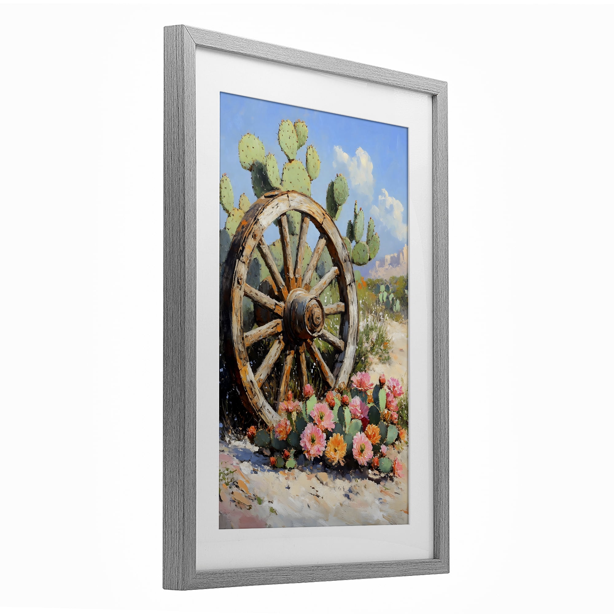 Stupell Industries Wagon Wheel Among Cactus Gray Framed Print Under Glass, design by Franklyn Gregory