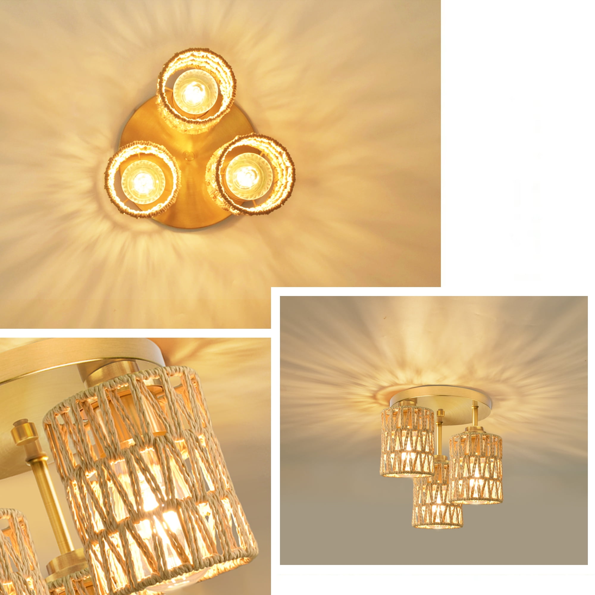 Hlite Boho Flush Mount Ceiling Light with Hand Woven Rattan Shades,3-Light Rustic Ceiling Light for Hallway Kitchen Living Room,Bulb Not Included,1 Set