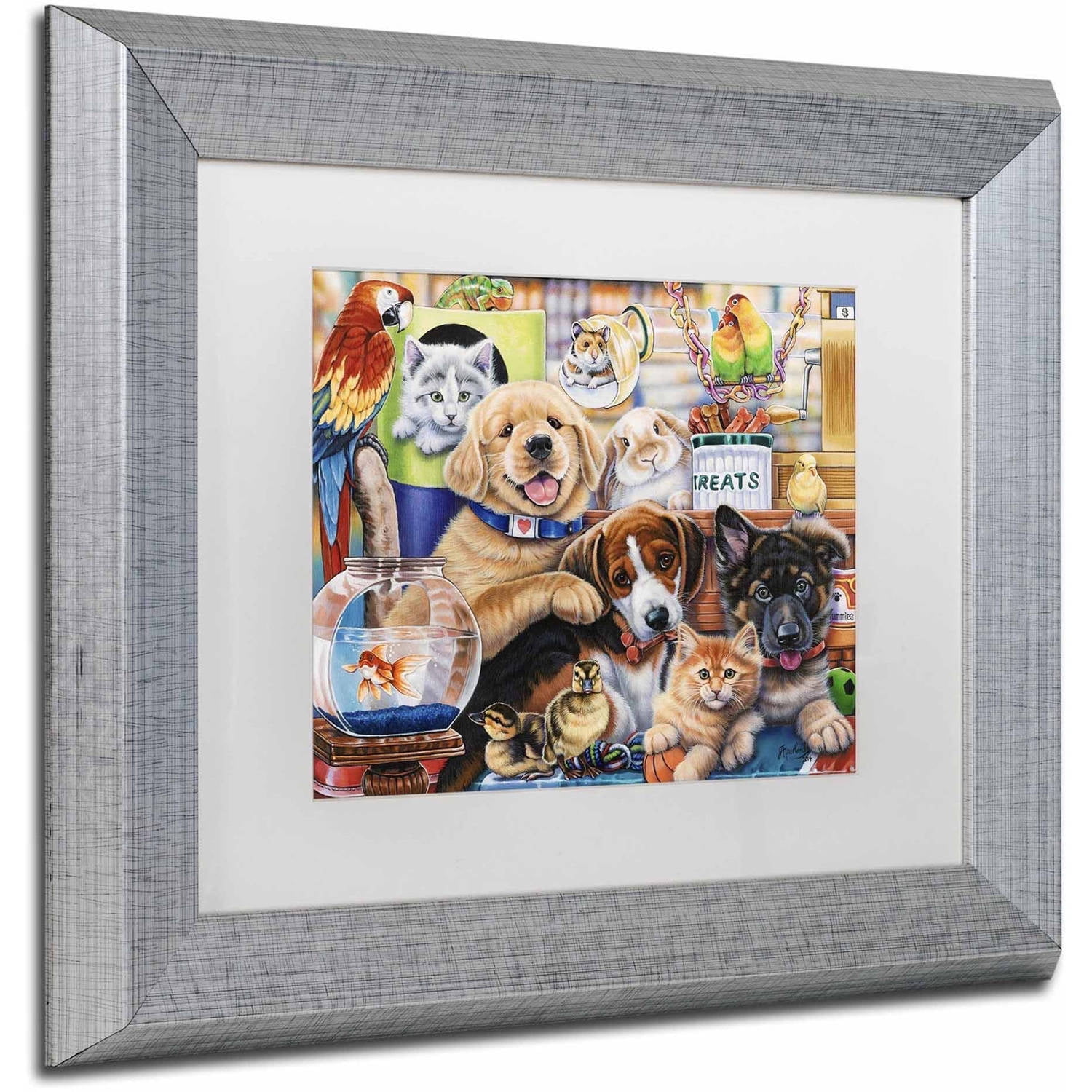 Trademark Fine Art 'Pet Shop' Canvas Art by Jenny Newland, White Matte, Silver Frame