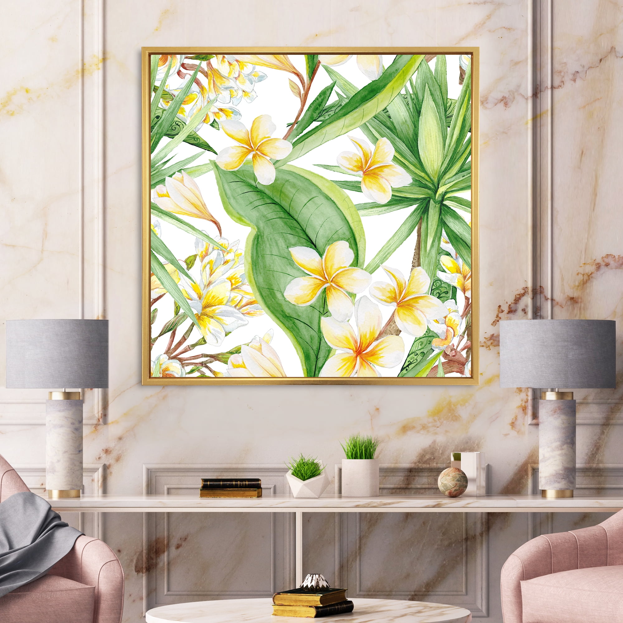 Yellow Flowers and Tropical Foliage VII 16 in x 16 in Framed Painting Canvas Art Print, by Designart