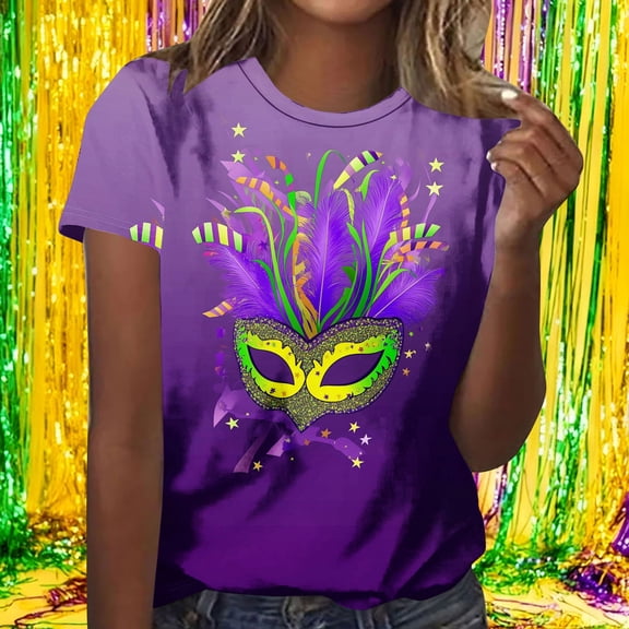 Gamivast Carnival Theme Shirts for Women Plus Size Loose Fitted Crewneck Short Sleeve Blouses Dressy Mask Graphic Tunic Tee Tops Happy Mardi Gras Day Outfits
