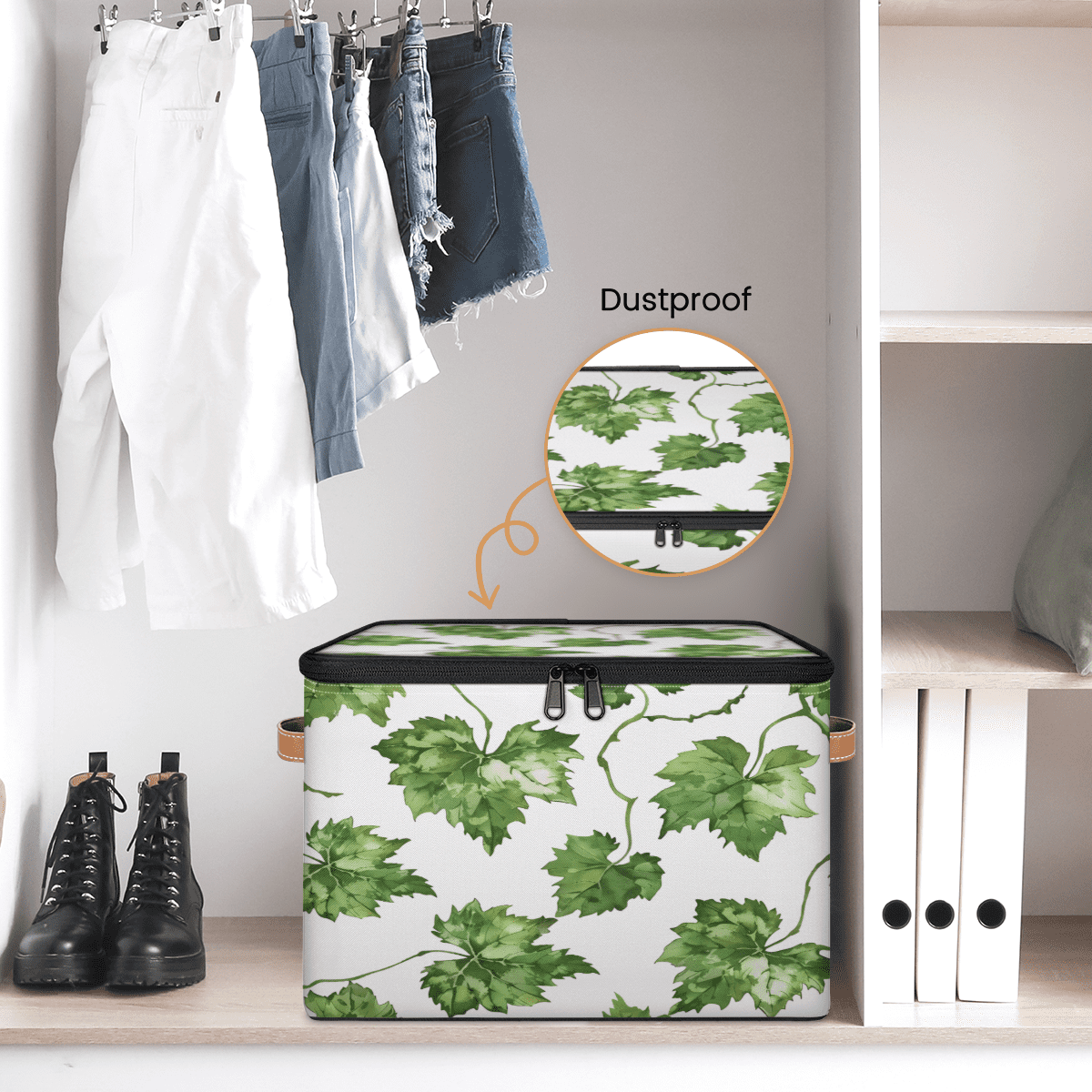 CURLYOOT Grapes Leaves Fabric Storage Bins with Lids, Watercolor Plant Leaves Foldable Storage Boxes Washable Storage Cube, Closet Bedroom Home Organizer Containers with PU Leather Handles