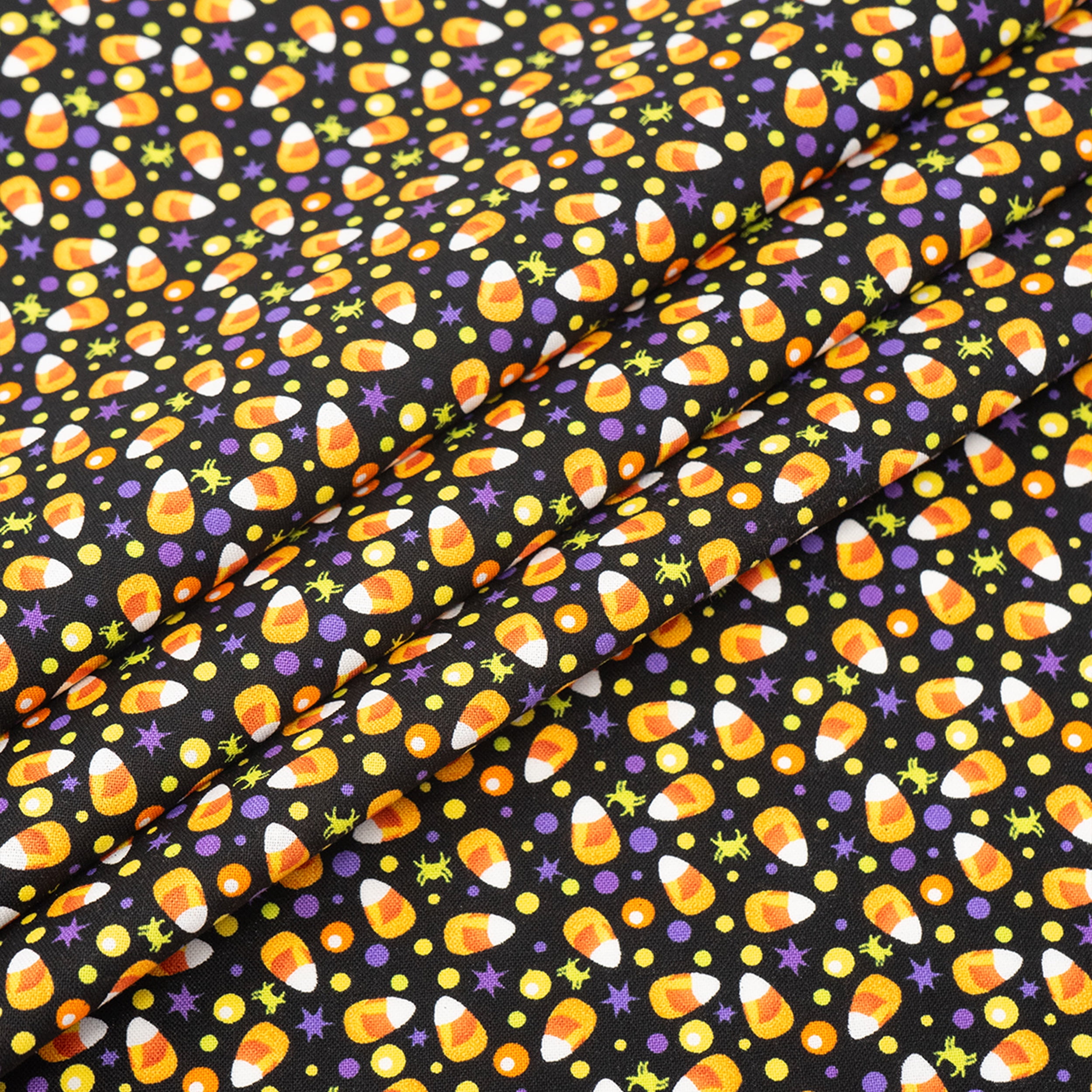 Singer, 100% Cotton, Candy Corn And Purple Dots On Blk, Cut by Yard
