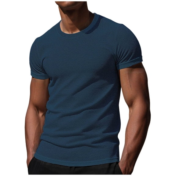 IYTR Mens Crew Neck Short Sleeve Slim Fit Muscle T-Shirt Textured Pattern Casual Summer Gym Workout Athletic Solid Color Tee (Blue,XXXL)