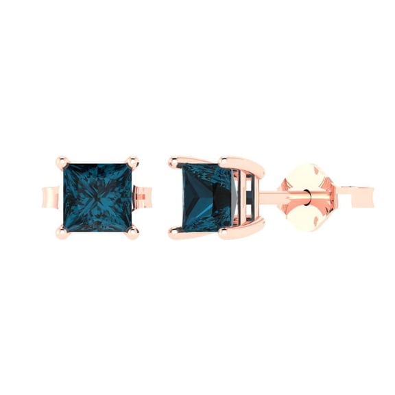 1.5 ct Push-Back Stud Earrings for Women | 5.0mm Princess Cut Natural London Blue Topaz | 18K Rose Gold