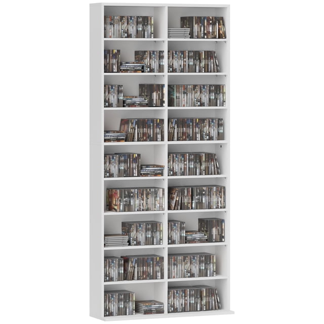 HOMCOM Étagère à DVD avec 18 Compartiments et 14 Tablettes Ajustables en Blanc. Cette Unité de Rangement Haute et Étroite pour Médias Est Faite de Panneau de Particules durable avec un Revêtement en Mélamine Lisse. Elle Présente 18 Tablettes, Personnalisable avec 14 Tablettes Ajustables, et Peut Contenir jusqu'à 640 CD, 360 DVD Ou 430 Blu-rays. l'Étagère Comprend des Sangles Anti-Basculement pour un Montage Mural et a une Capacité de Poids Maximale de 66 Lb (30 kg). les Dimensions Sont de 30