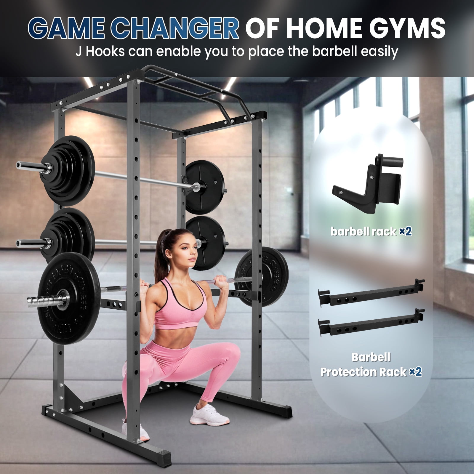 2 In 1 Squat Rack, Black High Load-Bearing Power Cage, Multifunctional Workout Frame With Anti-Slip Structure, Pull Up Bar, Safety Accessories For Home Gym, Daily Exercise