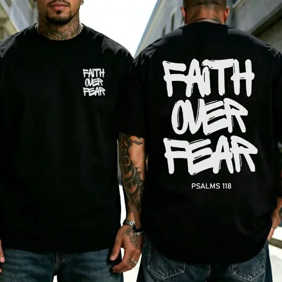 Oversized Menswear Short-Sleeve Tshirt, Faith Over Fear Graffiti Print Christian Sports Top in Soft Fabric, Shortsleeve