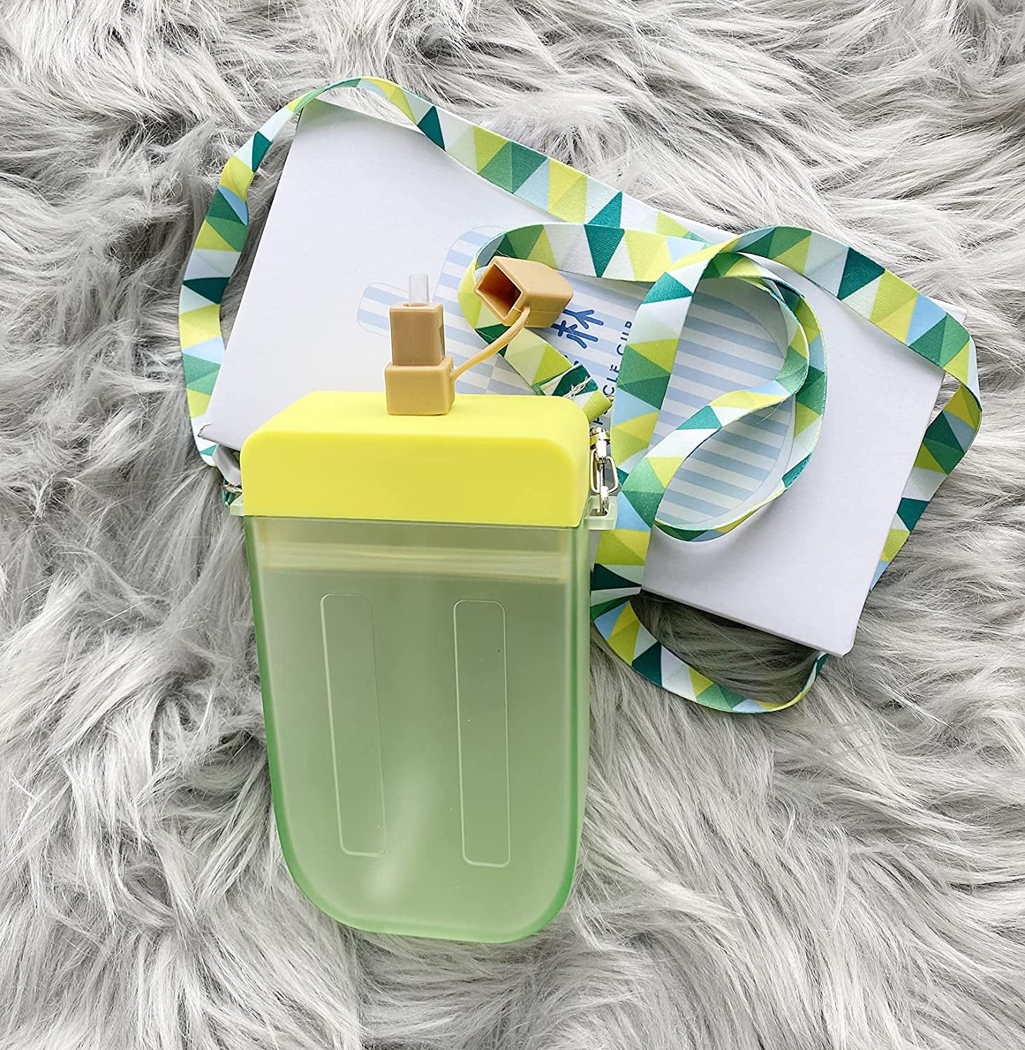 Cute Water Bottles with Straws Homestine Creative Ice Cream Plastic Popsicle Drink Water Bottles Blue Adjustable Shoulder Strap For Outdoor Camping Travel BPA Free Leakproof Transparent Water Jug