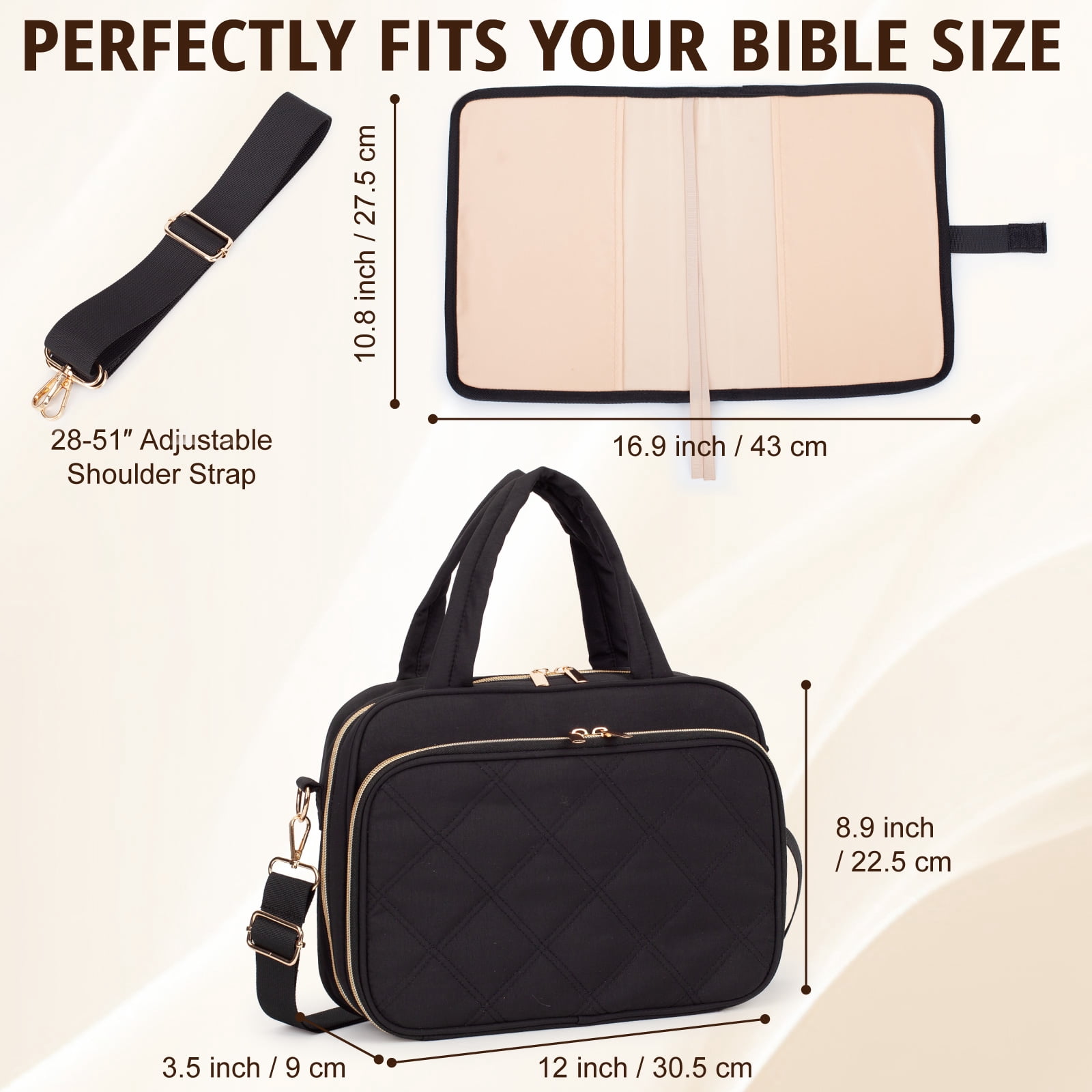 Bible Cover for Women, 2 Layers, Large Bible Carrying Case with Handles Shoulder Strap, Soft Puffy Quilted Bible Bag with Book Cover Organizer, Bible Tote for Church Study Supplies Accessories