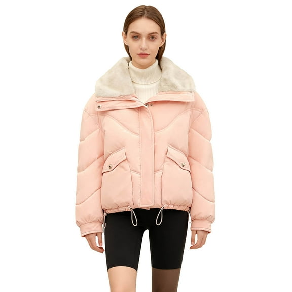 XUNKUSGA Women's Puffer Jacket Loose Full Zip casual outerwear Lightweight Warm Quilted Jacket Fashion Plush Wide Lapel Collar Long Sleeve winter coats for women with Adjustable Hem M-2XL Pink