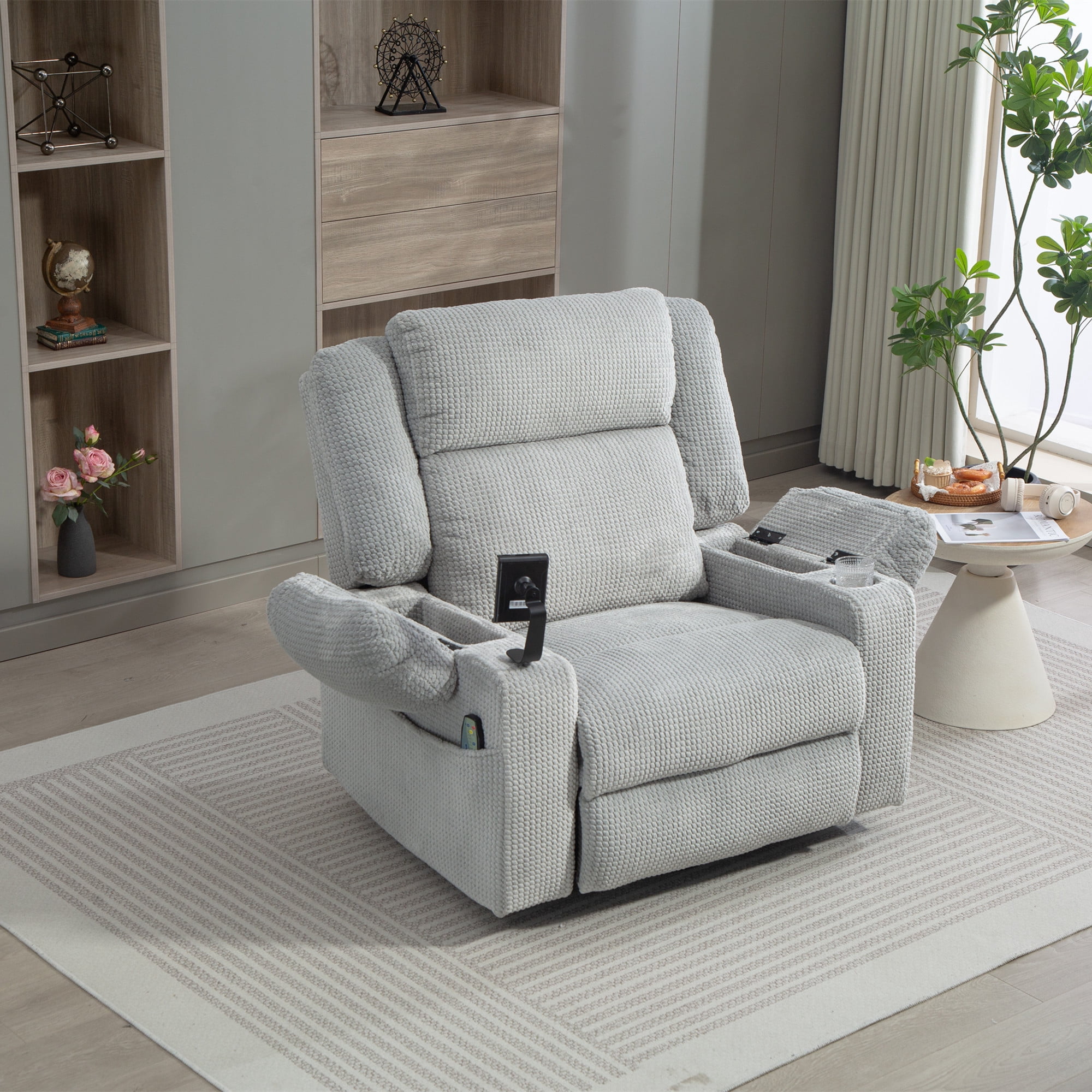 LITVZ Power Oversized Swivel Rocker Recliner with Adjustable Headrest, Dual Motor Glider Nursery Rocking Chair with Vibration Heat, USB A&C Ports, Armrest Storage, Cup Holder for Adults