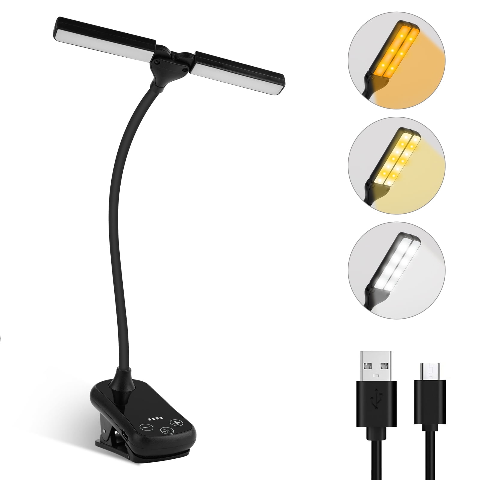 LED Book Light, TSV Dual Head 14 LED Reading Light 180° Adjustable Clip On Desk Lamp 3 Light Colors Rechargeable Table Light with Flexible Gooseneck for Reading in Bed, Black