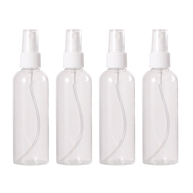 4 botellas de spray de 100 ml vacías de plástico transparente para viaje, para maquillaje, cosméticos, atomizadores (con 1 embudo)