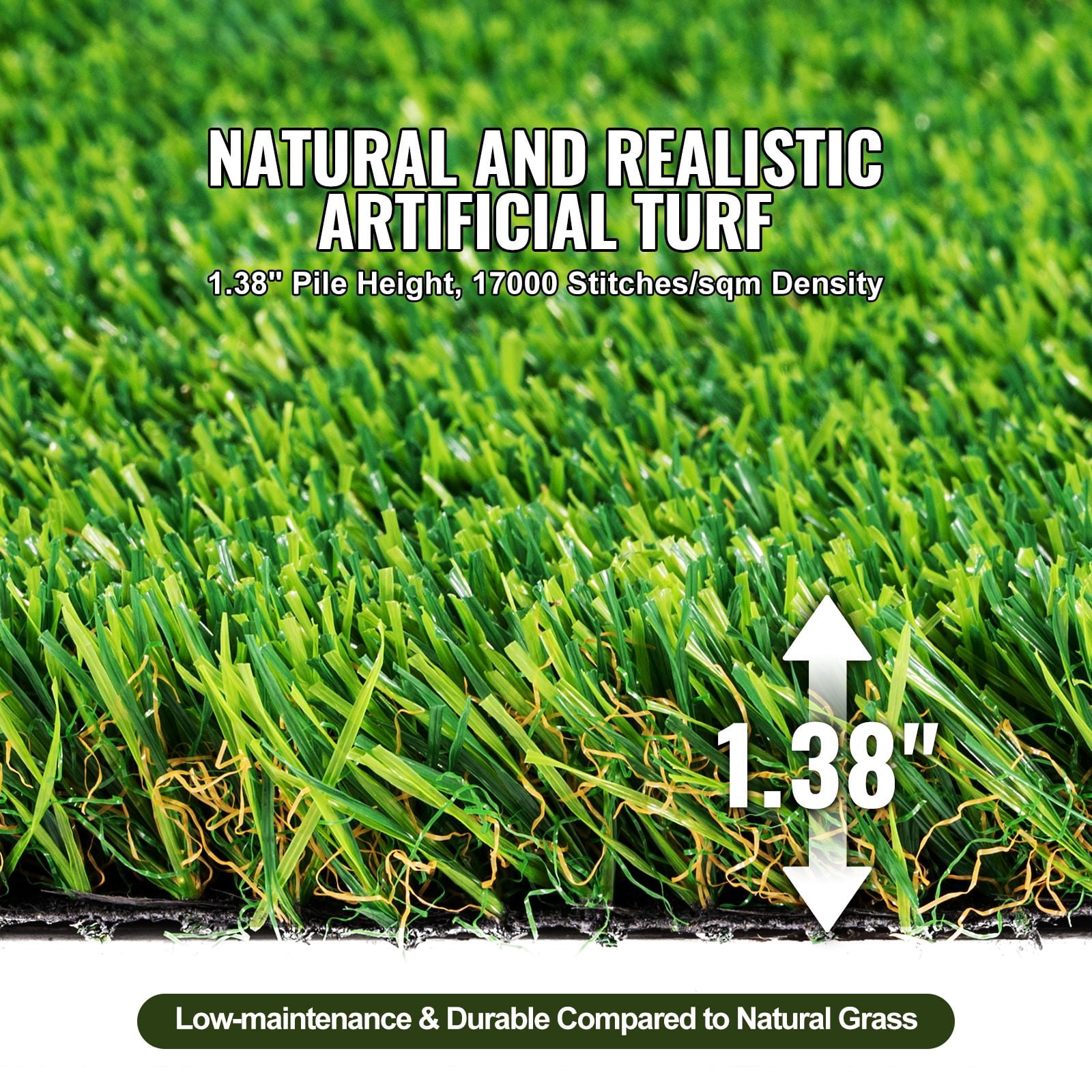 Artificial Turf 1.38" Pile Height, 17,000 Stitches/m², Four-Color PE Material, UV-Resistant, Drainage Holes, for Garden Patio Indoor
