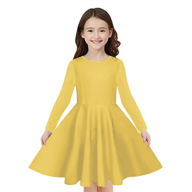 Odeerbi Niñas Manga Larga A-Vestido de Manga Larga Para Niñas Vestido Acampanado de Primavera Vestido Elástico de Colores Sólidos Vestido de Patinadora Twirly Vestido de Recital Escolar