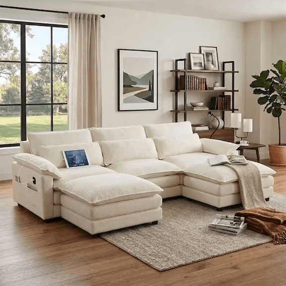 Howcool Cloud Couch Modular Sectional Sofa 3 Seat 113" U Shaped Convertible Couch Chenille Thick Cushion with Ottoman, Removable & Washable Cover for Living Room, Beige
