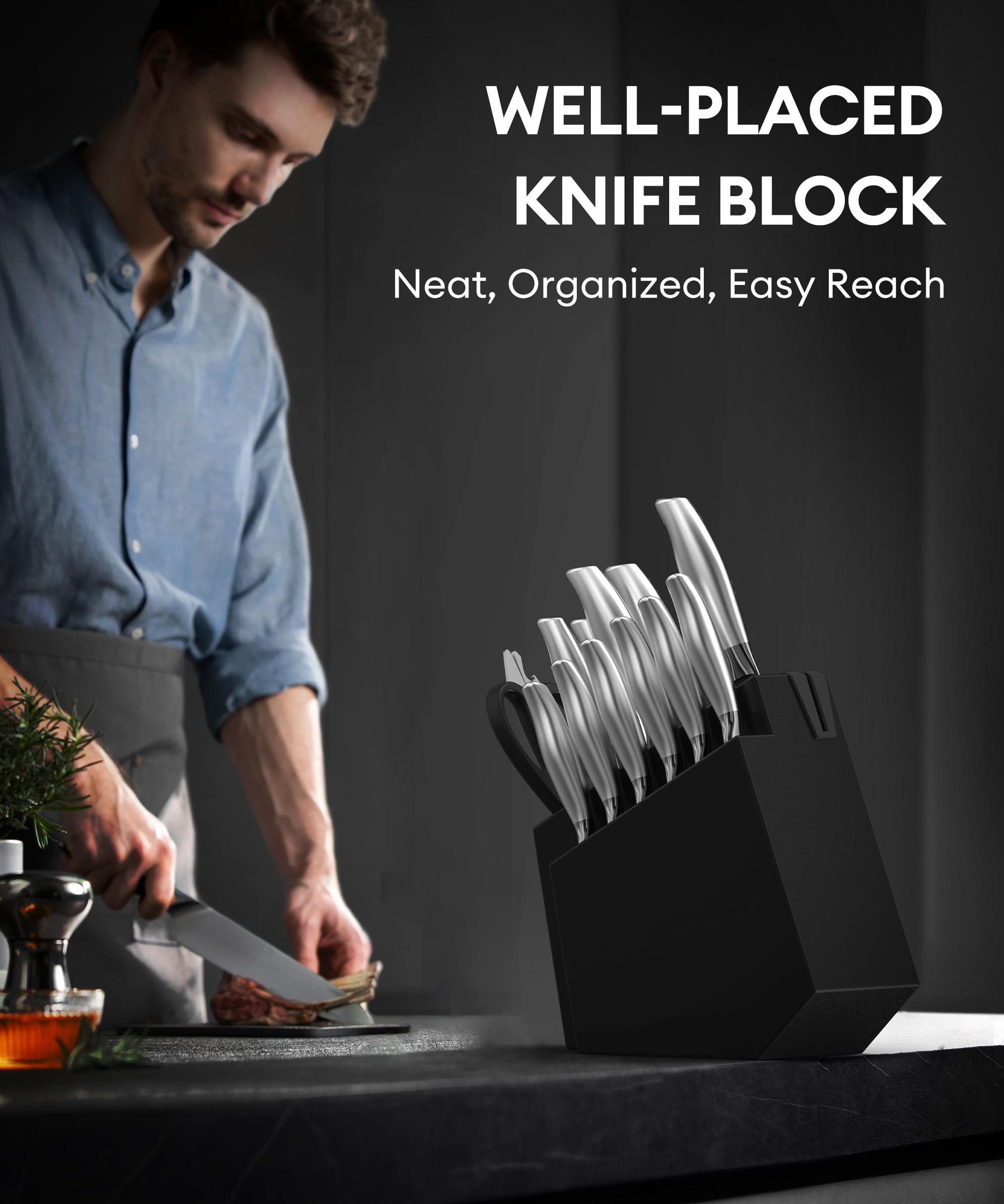 Younghome 14 Pcs Sharp Knife Set with Block Built-in Sharpener,Ergonomic Handle, Home Chef Knives