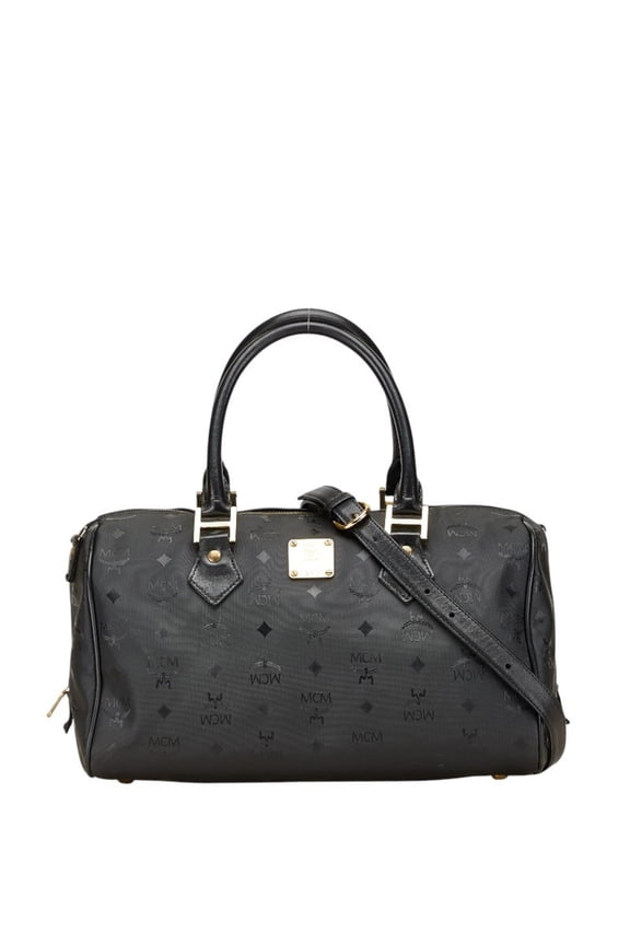 Pre-Owned MCM Visetos Logogram Boston/Shoulder Bag, 2-Way, Black Nylon and Leather,... (Good)