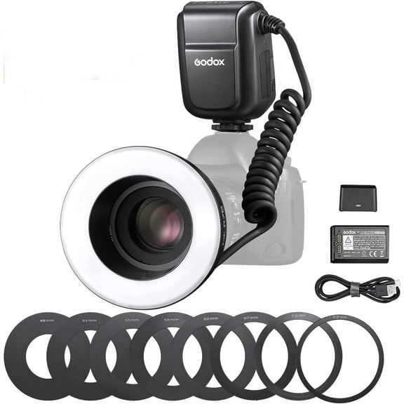 Godox MF-R76 LED Micro Ring Flash with 2600mAh Li-ion Battery and LCD Display Adapter Rings for Canon Nikon Fuji Olympus Panasonic Pentax Camera Flash Speedlight Speedlite Light