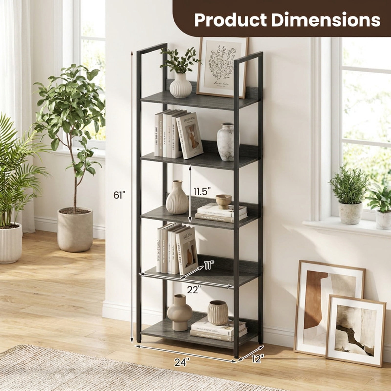 Furnibear 5-Tier Bookshelf Tall Wooden Open Bookcase with Back Panels for Living Room Home Office Bedroom Display Storage Shelf, Oak