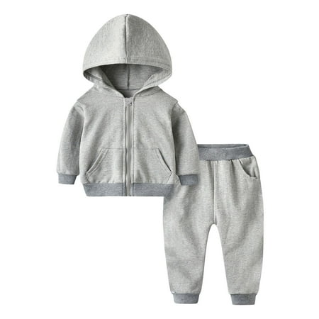 

MANHUJI Clearance Toddler 2 Piece Outfits Kid Boys Girls Casual Hooded Zippered Jacket Coat + Harlan Pants Sportswear Solid Color Casual Sweatsuits Set (Gray 90)