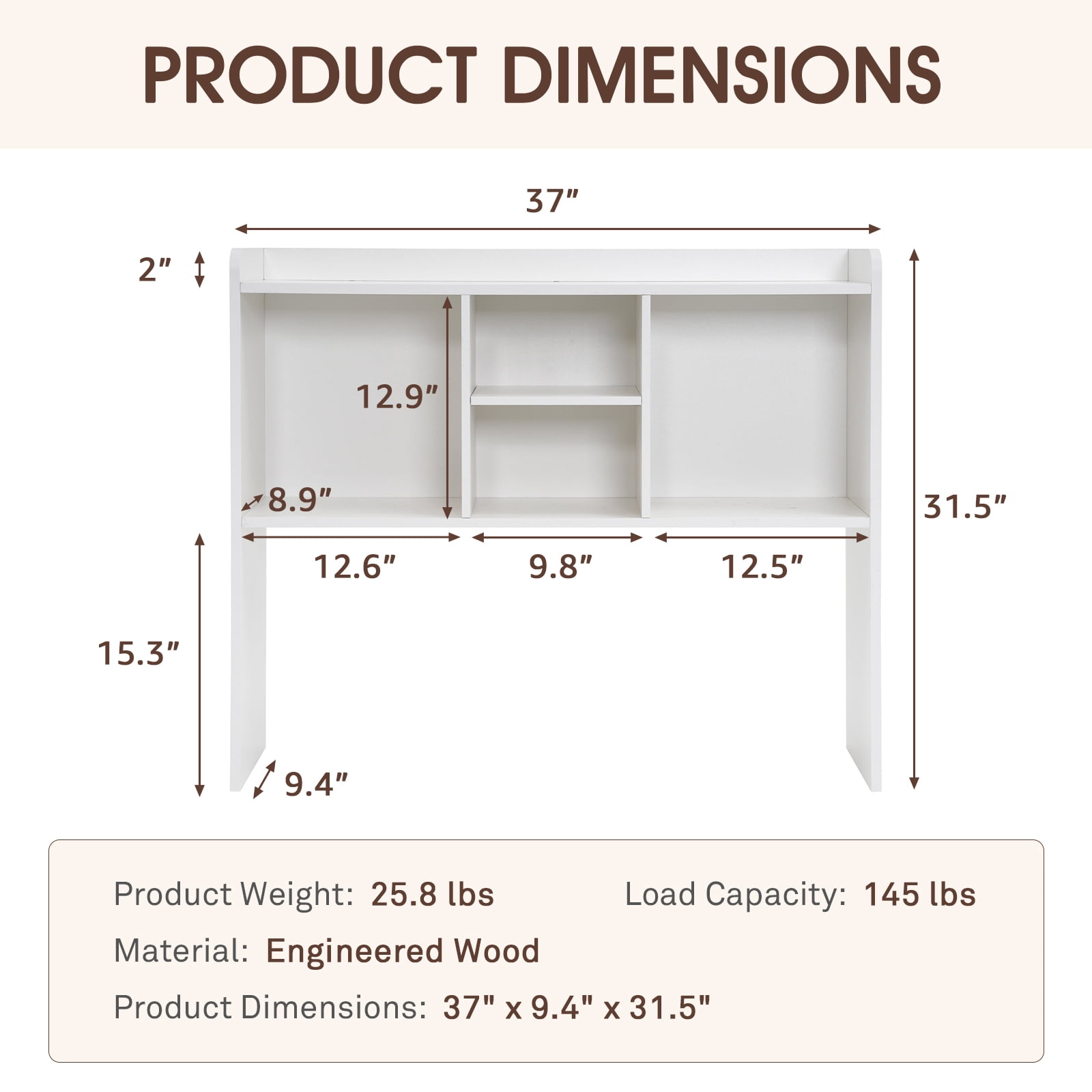 Desktop Bookshelf, Office Desktop Shelf, Wood Desk Hutch for Computer Desk, Adjustable Display Rack, Multipurpose Desktop Bookshelf Storage Organizer, White