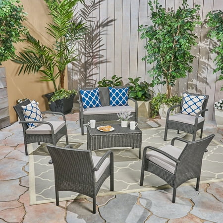 Brown Outdoor 6 Piece Wicker Conversation Set with Cushions Gray Silver
