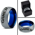 thumbnail image 4 of Tungsten Gamer Typography Writing Band Ring 8mm Men Women Comfort Fit Blue Dome Brushed Gray Polished, 4 of 4