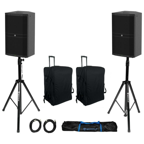 (2) Mackie DRM215 15" 1600w Powered DJ PA Speakers Rolling Bags Stands Cables