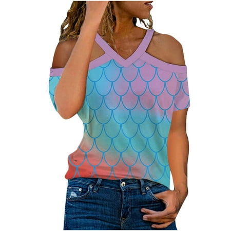 

Crop Tops for Women Tunic Tops Women s Fashion V Neck Leisure Short Sleeve Off The Shoulder Print Tops Womens Workout Tops Maternity Shirts Savings Clearance Black Shirts for Women Blue M