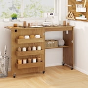 Costway Folding Sewing Machine Table Lockable Casters Rack with 3 Storage Bins & Power Outlets Natural