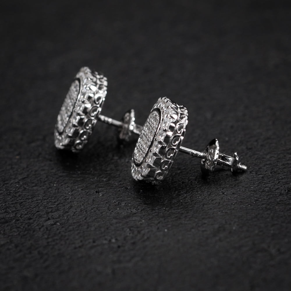 Men's 925 Sterling Silver Iced Cz Flower Set Cluster Cz Stud Screw Back Earrings