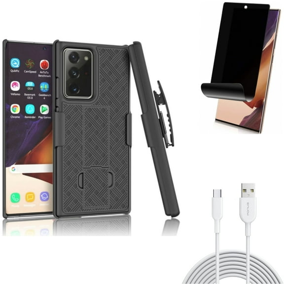 6ft USB-C Cable & Case Belt Clip & Privacy Screen Protector for Samsung Galaxy Note 20 Ultra (6.9") - Combo with Type-C Fast Charger & Holster Swivel & TPU Film Anti-Peep
