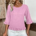thumbnail image 2 of FRSASU Womens Tops 3/4 Sleeve Shirts Crew Neck Loose Solid Color Casual Blouses Pink, 2 of 9