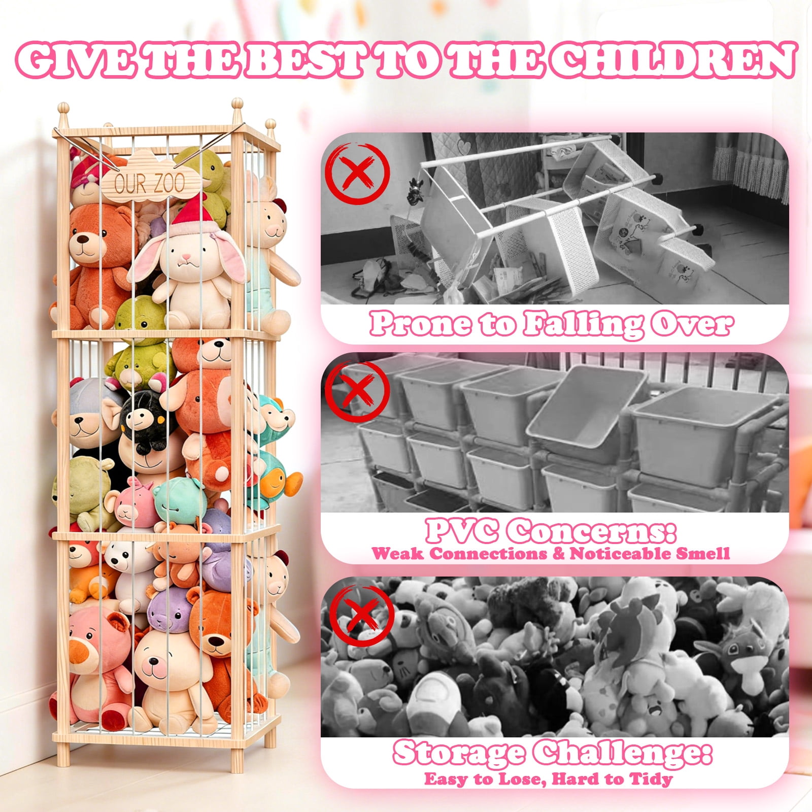 Fowroa Stuffed Animal Storage ,Wooden Zoo Toy Storage , Plushie Organizer Holder Rack with Elastic Cords
