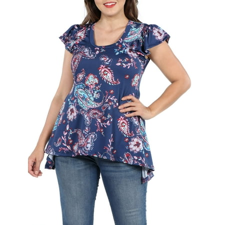Paisley Print Bell - Women's Plus Size Paisley Cap Sleeve Hi Lo Tunic Top